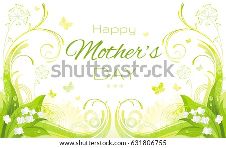 Happy  Mothers day greeting card design. Lily of the valley Floral watercolor grunge pattern background. Spring flower banner, nature, butterfly, green grass. Vector isolated border illustration. 