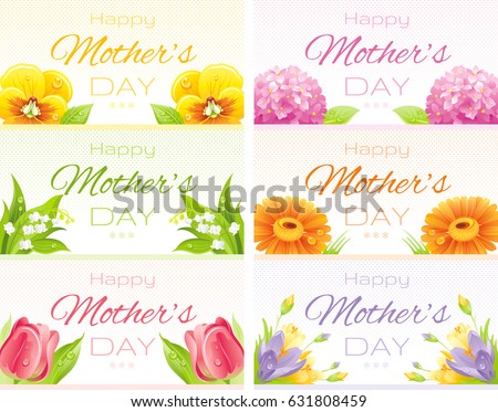 Happy  Mothers day greeting card design. Floral watercolor pattern background. Spring poster, nature retro frame. Vector isolated border illustration. Lily, hydrangea, pansies, crocus, daisy icon set