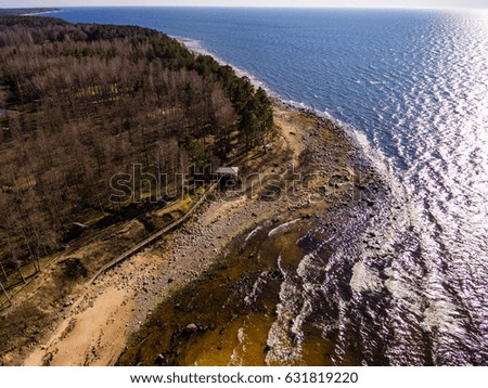 drone image. aerial view of baltic beach coast in sunny spring day. latvia