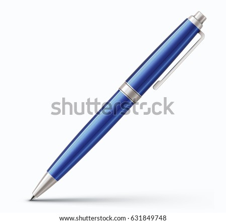 Vector illustration of detailed blue classic ballpoint pen isolated on white background. Royalty-Free Stock Photo #631849748