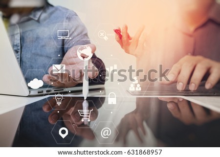 co working team meeting concept,businessman using smartphone and laptop and digital tablet computer in modern office with virtual interface icons network diagram