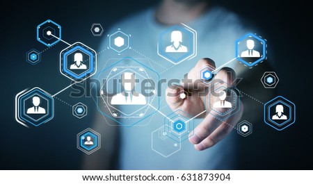 Businessman on blurred background using digital social network 3D rendering