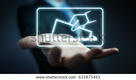 Businessman on blurred background voting using digital interface 3D rendering