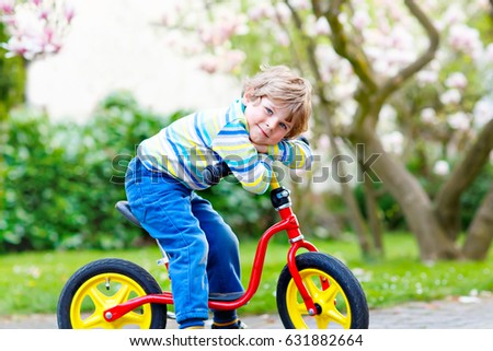 Adorable little kid boy driving and running on bike or laufrad in park or garden on warm spring day. Happy child having fun. Active leisure for kids outdoors on spring day. With flowering magnolia