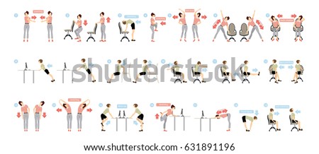 Sport exercises for office. Office yoga for tired employees with chair and table. Royalty-Free Stock Photo #631891196
