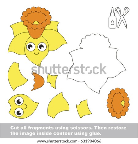Use scissors and glue and restore the picture inside the contour. Easy educational paper game for kids. Simple kid application with Yellow Funny Narcissus