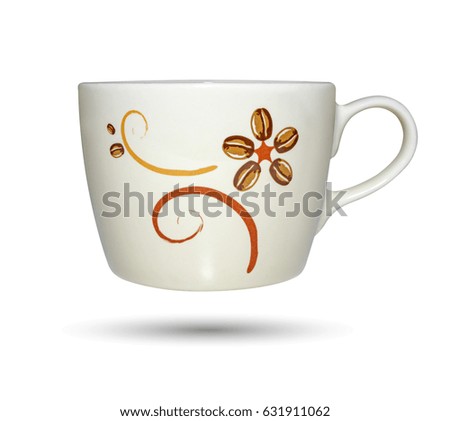 Coffee cup with coffee bean made to flower pattern isolated on white background