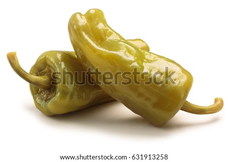 Pickled golden greek peppers, pepperoncini or friggitelli (Tuscan, Stavros, Capsicum annuum). Clipping paths, shadow separated Royalty-Free Stock Photo #631913258