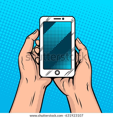 Smart phone gadget in hands comic book pop art retro style vector illustration