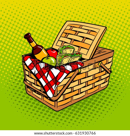 Picnic basket with food products pop art retro raster illustration. Comic book style imitation.