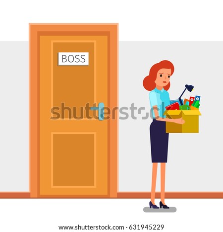 Concept of unemployment, crisis, jobless and employee job reduction. Dismissed frustrated business woman holding a box with her things. Flat design, vector illustration.