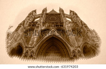 Sepia Vision of North Facade Westminster Abbey London low angle