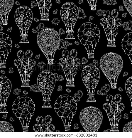 Seamless pattern from balloons and clouds. Ornament for printing on textiles, fabrics. Design for wrapping paper, children's wallpaper. Aerostat. Stylized background, doodle.
