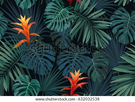 Hand drawn vector seamless tropical floral pattern with guzmania flowers, monstera and royal palm leaves. Exotic hawaiian fabric design. Royalty-Free Stock Photo #632032538