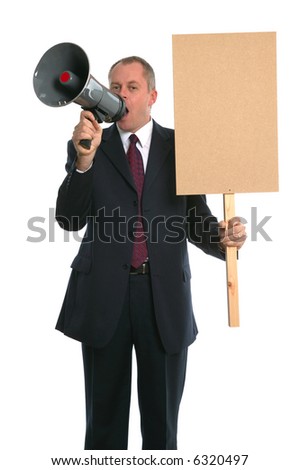 Businessman with a loud haler and placard. Royalty-Free Stock Photo #6320497