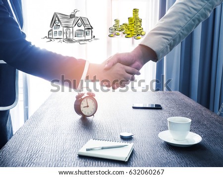 Sketch of  house architecture. Drawing  free hand. Idea for buy the house. Draw money icon cartoon style.business woman and man shaking hand for buy house.
