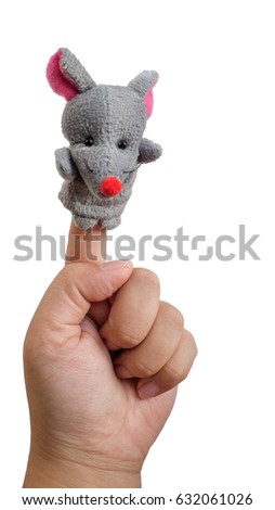 Mice finger puppet on index finger isolated on white background