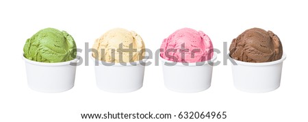 Real ice cream scoops in white cups of chocolate, strawberry, french vanilla and green tea flavours isolated on white background (clipping path included)