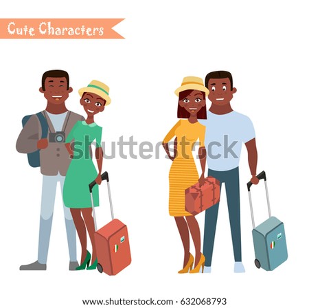 People and family traveling on vacation. Family travel. Father mother, son and daughter at the airport. Vector illustration in a flat style