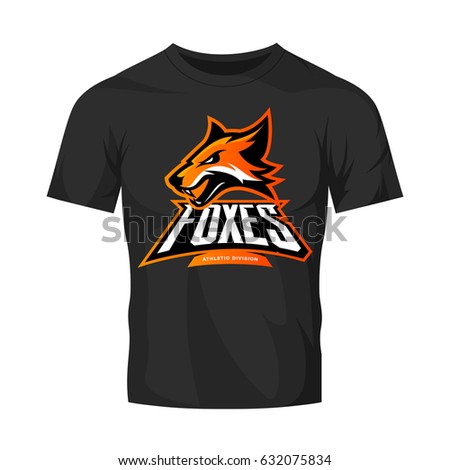 Furious fox sport club vector logo concept isolated on black t-shirt mockup. Modern professional team badge mascot design. Premium quality wild animal athletic division t-shirt tee print illustration.