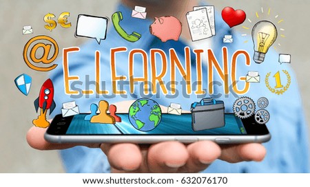 Businessman on blurred background holding hand-drawn e-learning presentation over phone