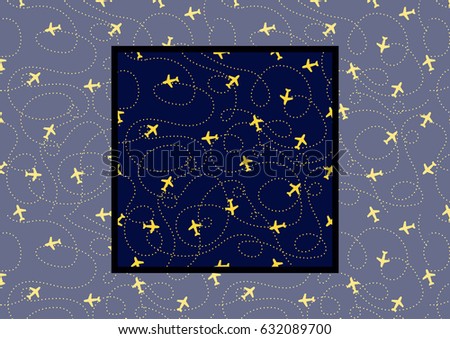 Flat background with Planes with Trajectories on dark blue color.Vector Seamless pattern with example how to use in design and decor.