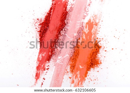 Makeup cosmetics. Blush crushed palette strokes, colorful powder on white background, art of make-up Royalty-Free Stock Photo #632106605