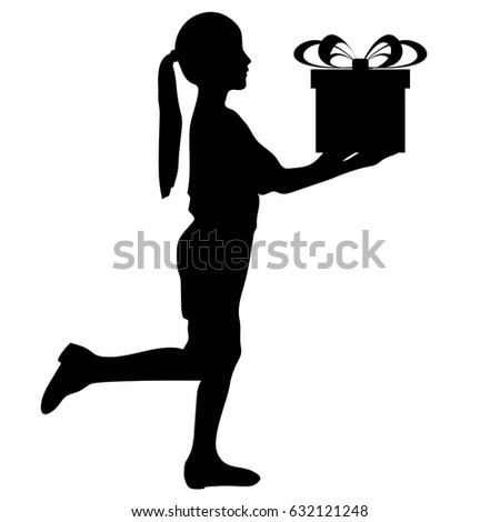 Young girl holding a gift box. Black silhouette. Vector illustration isolated on white background