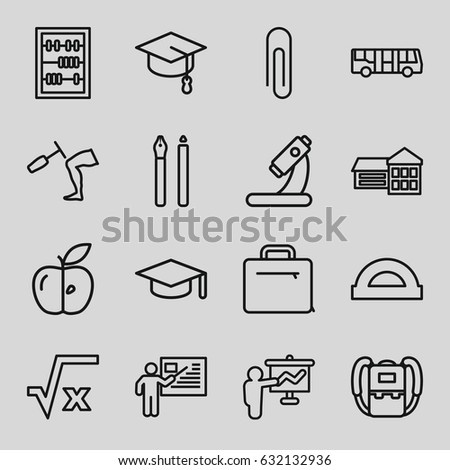 School icons set. set of 16 school outline icons such as airport bus, backpack, apple, microscope, knee hammer reaction check, case, abacus, teacher, graduation hat, pen