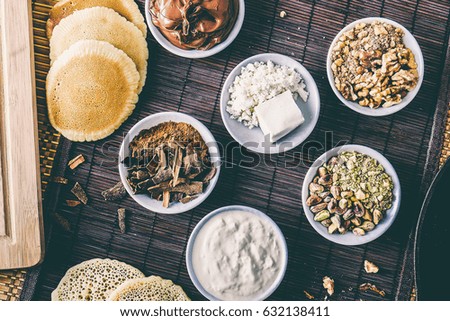 Top View : Nuts, cheese , spices ready for cooking. Stylish image for social media