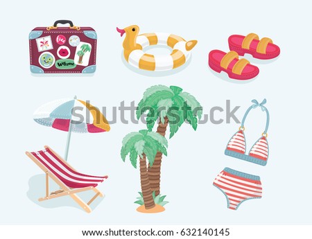 Vector cartoon funny illustrations of summer beach objects, set of elements. Suitcase bug, rubber inflatable duck ring, sun loungers, umbrella, tropic palms, slippers and swimsuit bikini