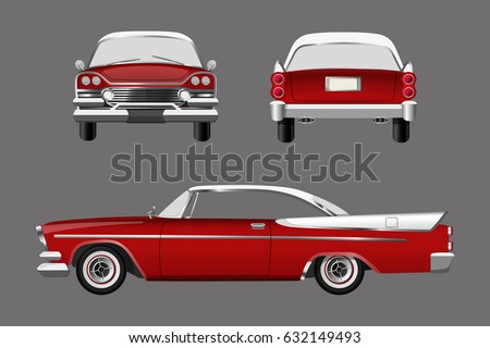 Red retro car on gray background. Vintage cabriolet in a realistic style. Front, side and back view. Vector illustration Royalty-Free Stock Photo #632149493