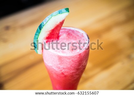 Close up, Watermelon juice and have melon on a glass at a cafe,Watermelon juice is refreshing, Foo and Drink Concept (Soft focus)