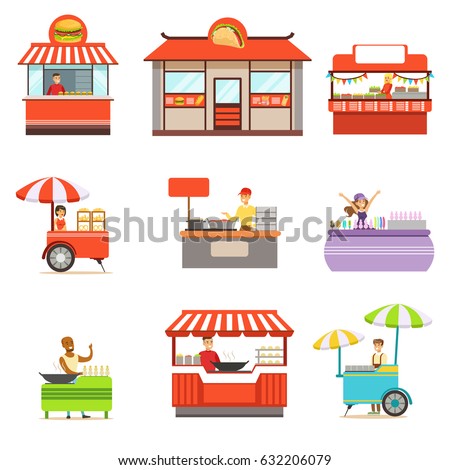 Street Food Kiosk Set On Wheels And Without With Smiling Vendor Serving Fast Food Vector Illustrations