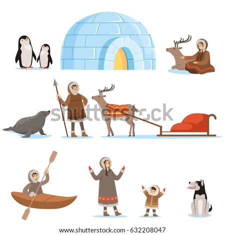 Eskimo characters in traditional clothing and their arctic animals. Life in the far north. Set of colorful cartoon detailed vector Illustrations Royalty-Free Stock Photo #632208047