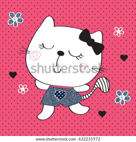 adorable cat cartoon on polka dots background, T-shirt graphics for kids vector illustration