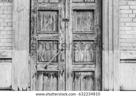 Old wooden door in fake paint. The door on the city street