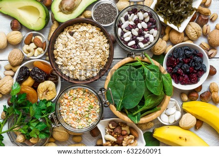 Food containing magnesium and potassium. Healthy food. Top view Royalty-Free Stock Photo #632260091