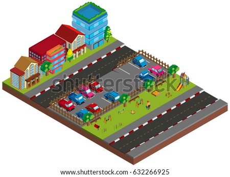 Two scene with buildings and cars in 3D design illustration