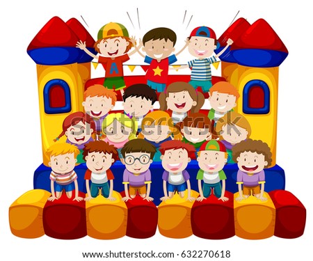 Many kids sitting on bounching house illustration