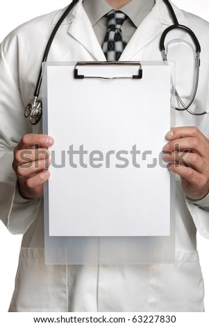 Doctor holding blank sign on a clipboard ready to add your message