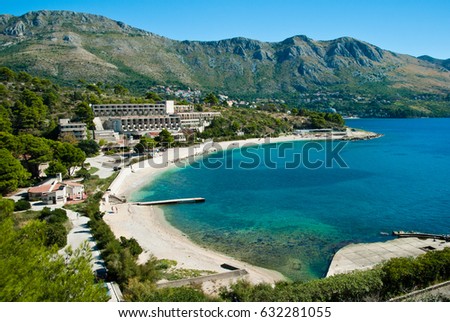 Abandoned dirty demolished building, one of hotels in Kupari complex near Dubrovnik Royalty-Free Stock Photo #632281055