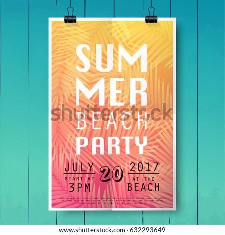 Summer party poster with palm leaf and lettering on wood texture background.