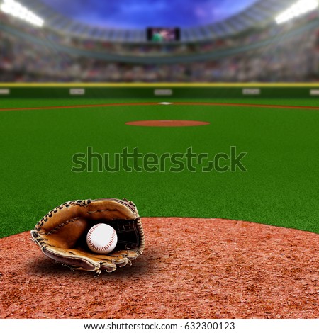 Fictitious baseball stadium full of fans in the stands with baseball glove and ball on infield dirt clay. Deliberate focus on foreground with shallow depth of field on background and copy space.
