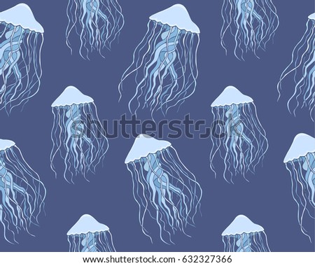 Jellyfish vector pattern. Seamless jellyfish texture. Doodle style. Isolated on white background. Hand draw. Cloth, print, design, icon, logo, poster, paper, card, cloth, wrapping, wallpaper. Eps10 
