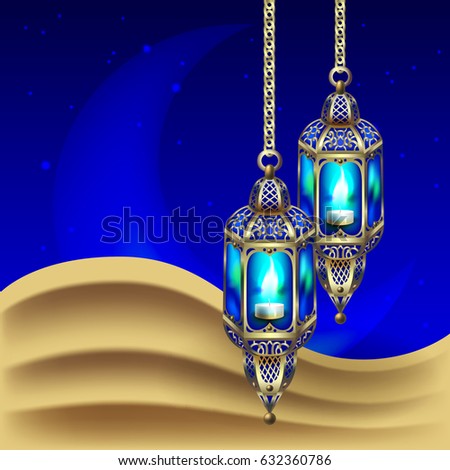 night background with vintage gold lantern in the sand dune against of the night starry sky and the moon, vector illustration