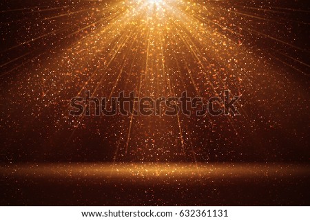 Stage light and golden glitter lights on floor. Abstract gold background for display your product. Spotlight realistic ray. Royalty-Free Stock Photo #632361131
