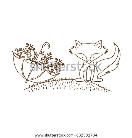 brown contour graphic of fox in hill and umbrella with plants vector illustration