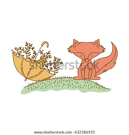 watercolor hand drawn silhouette of fox in hill and umbrella with plants vector illustration