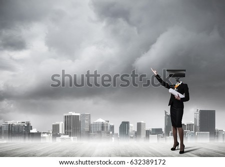 Faceless businesswoman with camera zoom instead of head against cityscape background
